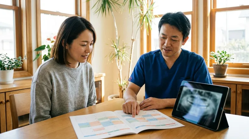 Dentist walking a patient through the dental implant recovery timeline on a printed calendar