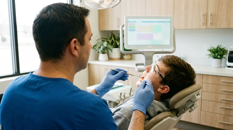 Dentist checking a teenager's teeth for early signs of cavities