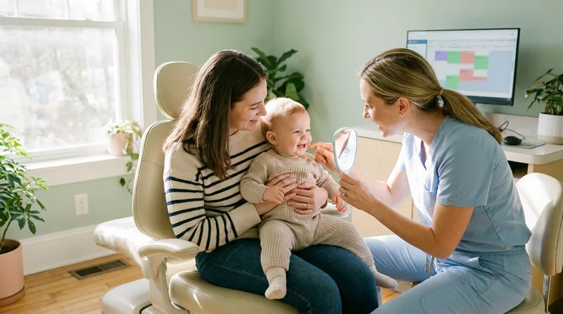 Mother holding her baby in the dental chair while a dentist gently checks the baby's first teeth