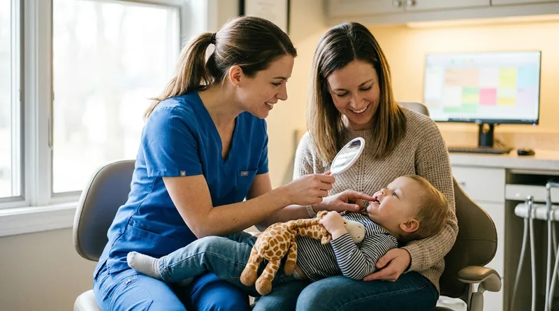 Mother and dentist in a knee-to-knee position checking a toddler's first teeth