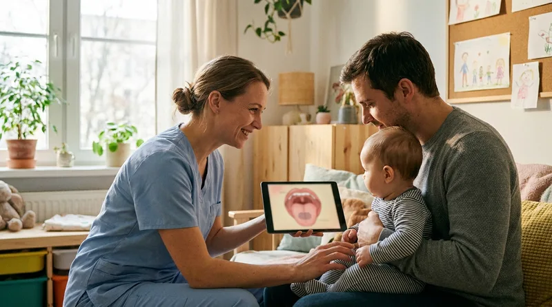 Pediatric provider explaining tongue tie to a father holding his baby, using a simple diagram