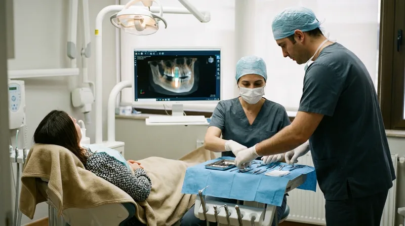 Dental team preparing for a same-day extraction and implant visit with a 3D scan on screen