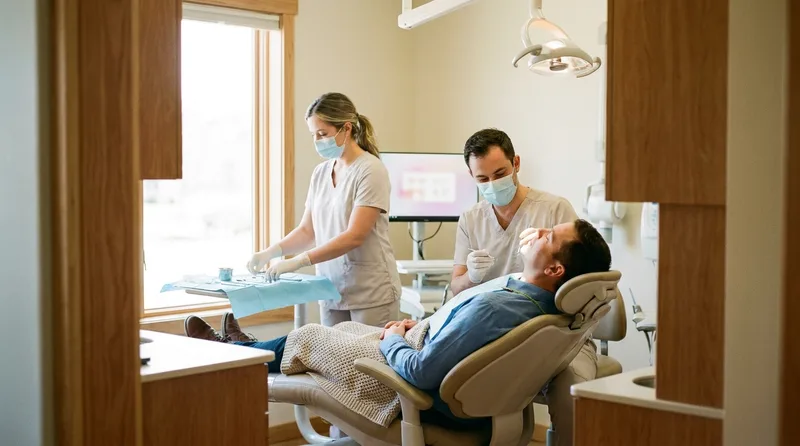 Relaxed patient in a dental chair as the team prepares for implant surgery