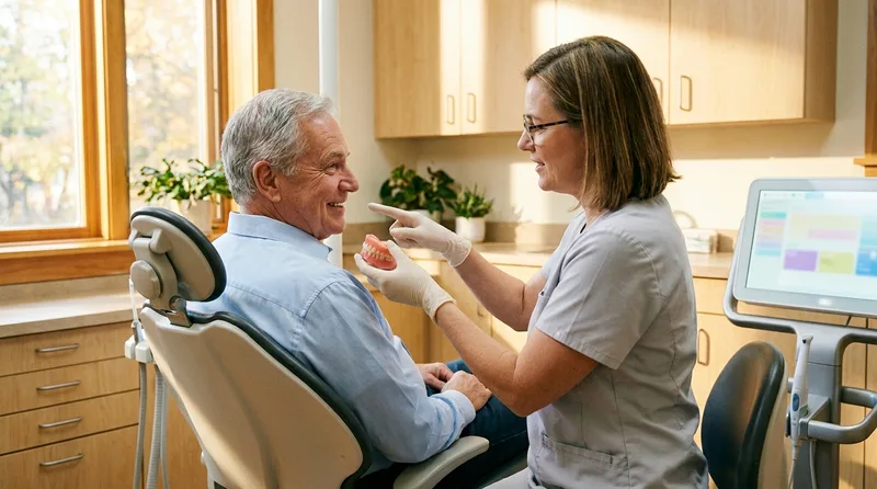 Dentist checking an older patient's denture fit and gum health during an exam