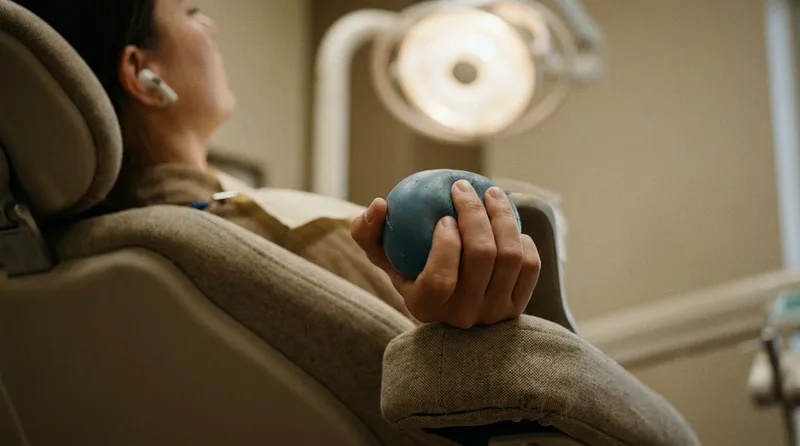Patient squeezing a stress ball as a distraction during dental treatment
