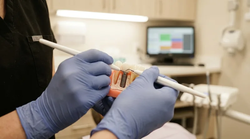 Hygienist demonstrating gentle professional cleaning around a dental implant model