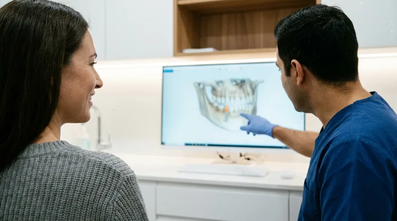 Dentist showing a patient a 3D scan to explain the dental implant procedure step by step