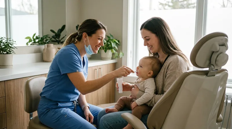 Dentist showing a mother how to brush her baby's teeth with a tiny soft toothbrush