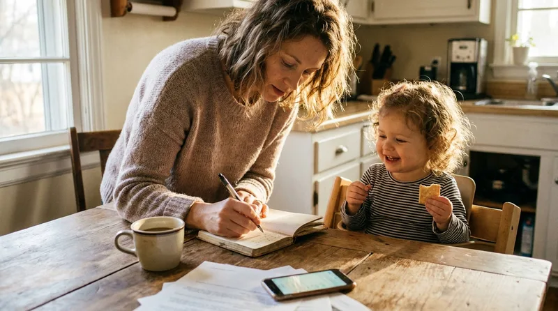 Mother writing notes in a notebook at the kitchen table beside her smiling toddler