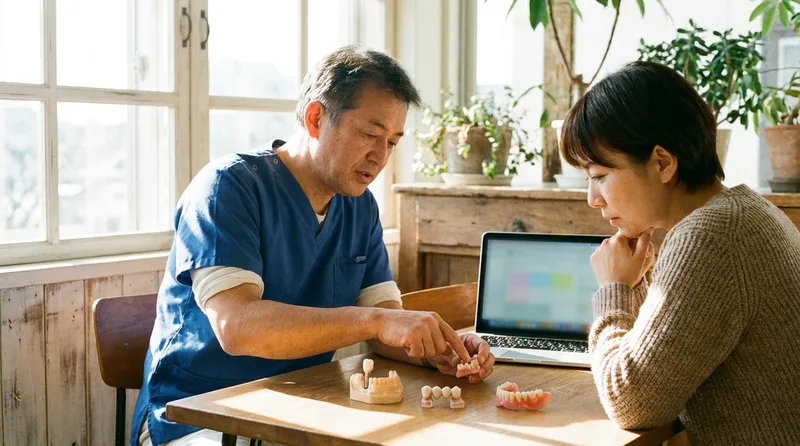 Dentist comparing tooth replacement options with implant, bridge, and denture models on a table
