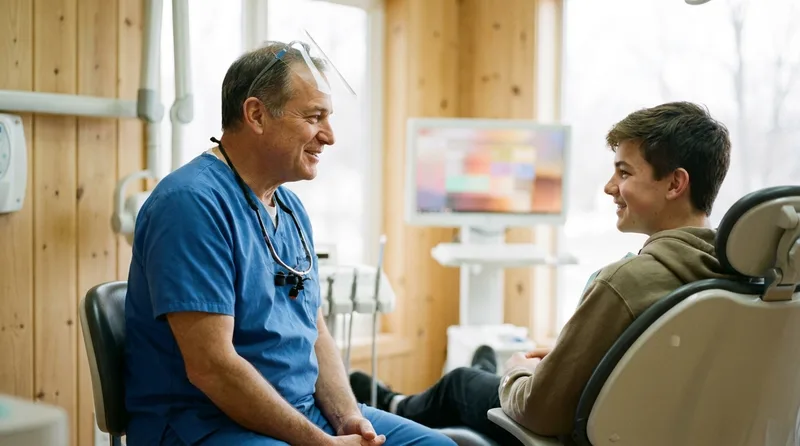 Dentist having a private conversation with a teen patient about healthy habits