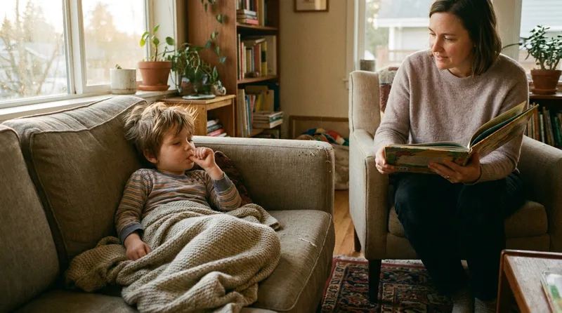 Preschooler resting with thumb near mouth while a parent reads a picture book
