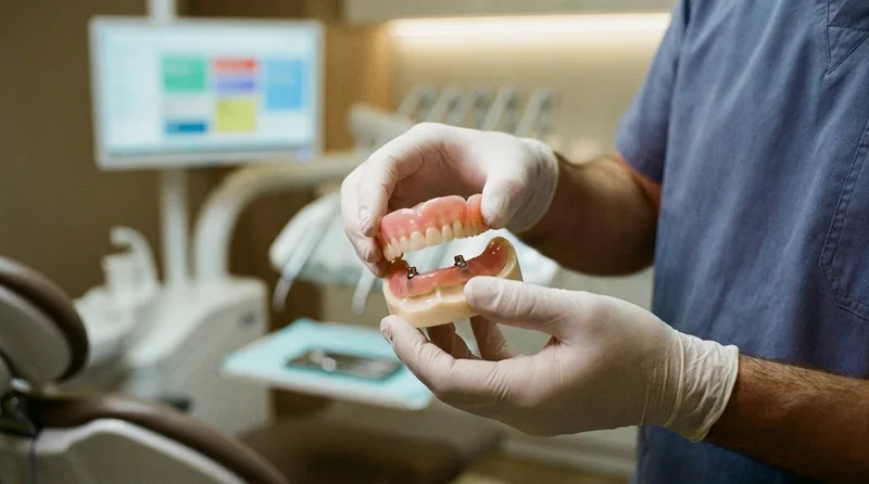 Dentist showing a jaw model with implants and a snap-on denture to a long-time denture wearer