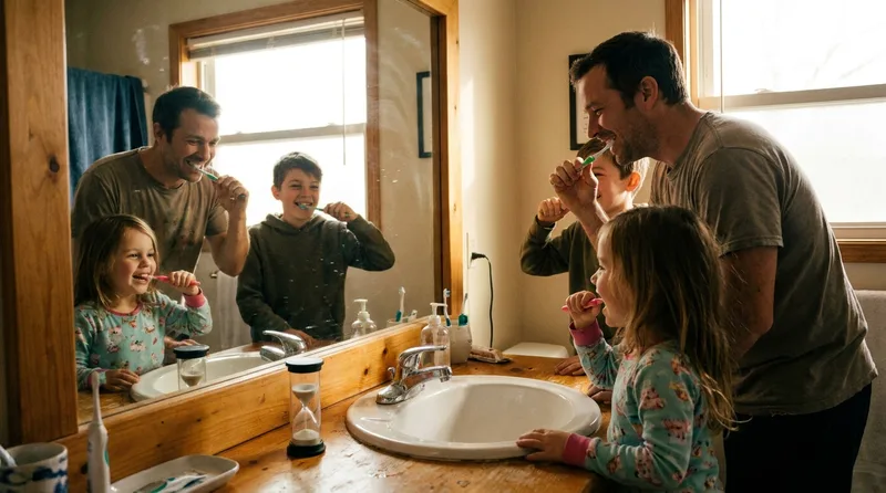 Father brushing teeth at the bathroom sink with his young daughter and teenage son
