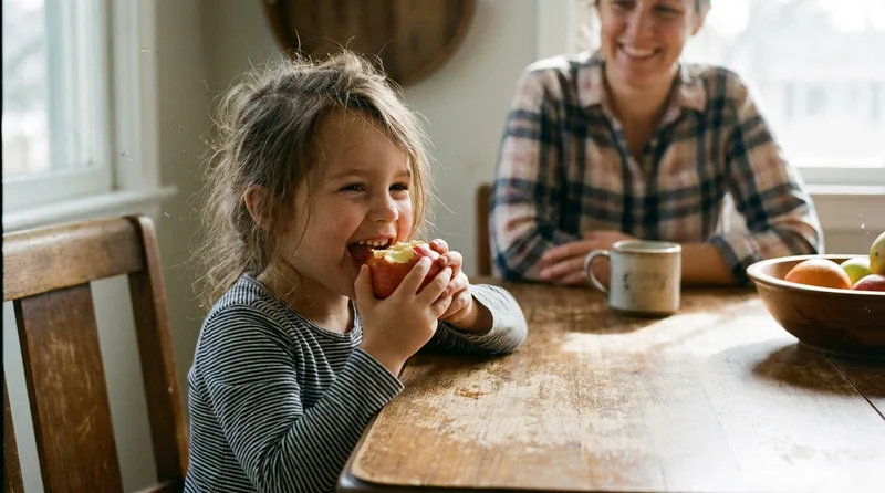 Young girl smiling as she bites into an apple, showing her baby teeth