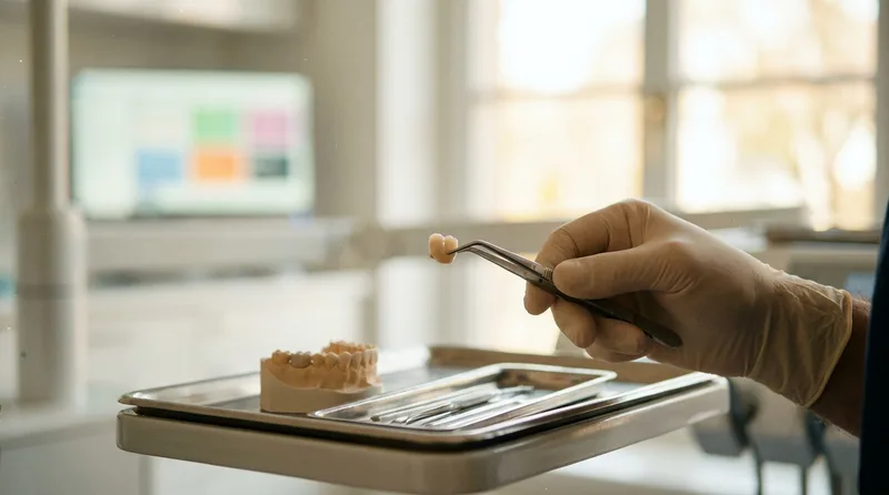 Dentist examining a ceramic dental crown that came off a patient's tooth
