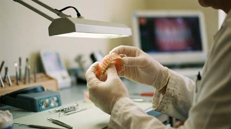 Dental technician inspecting wear on a complete denture in an in-house dental lab