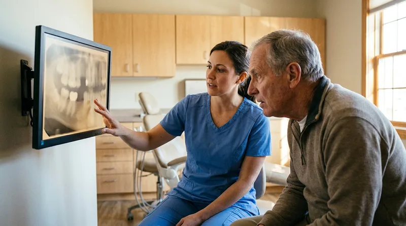 Dentist showing a patient an X-ray of teeth tipping toward a gap left by a missing tooth