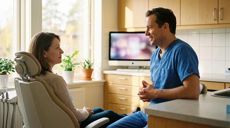 Dentist pausing to reassure a patient with a sensitive gag reflex