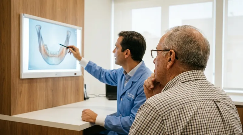 Dentist reviewing a 3D jaw scan with an older patient to check eligibility for implants after dentures