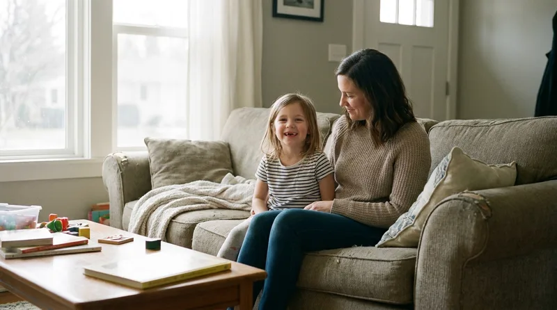Young girl smiling to show a gap where a baby tooth came out early, mother beside her