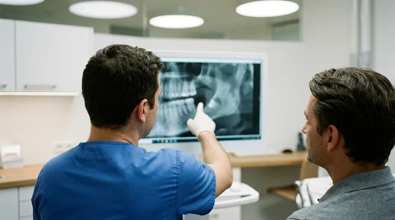 Dentist showing a patient a 3D jaw scan to explain bone loss before a bone graft after tooth extraction