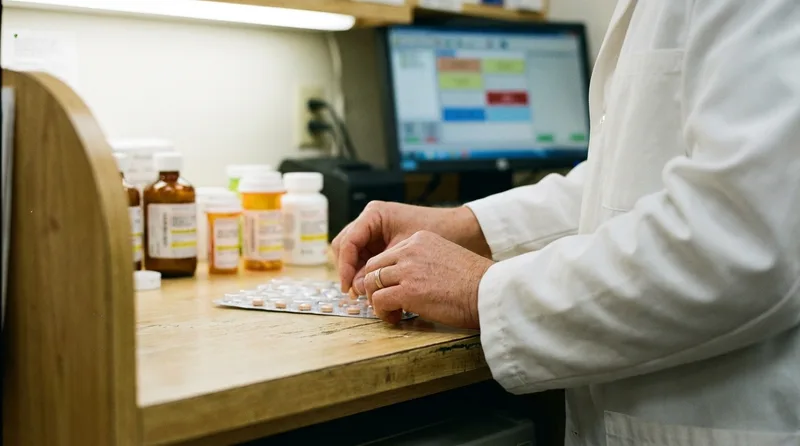 Pharmacist organizing multi-dose blister packaging for a patient preparing to travel