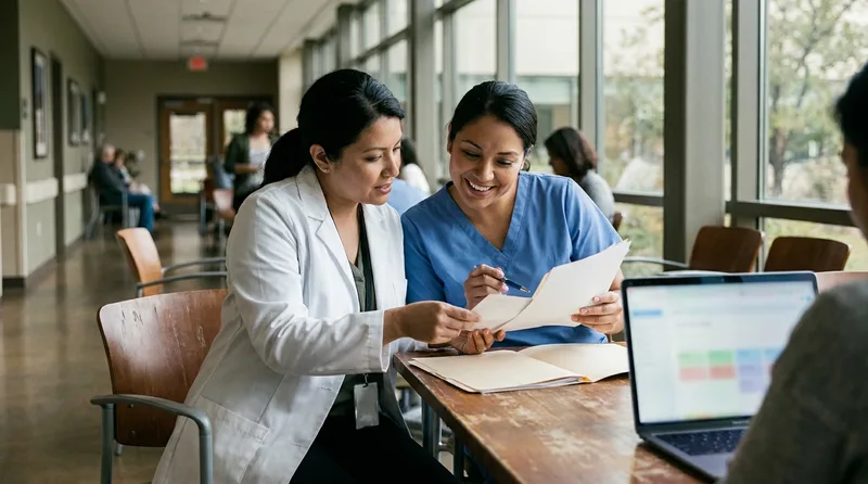 Pharmacist and care coordinator reviewing a patient referral together in a healthcare facility hallway