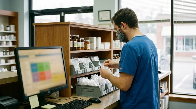 Pharmacy technician organizing synchronized monthly medication packets for adherence patients