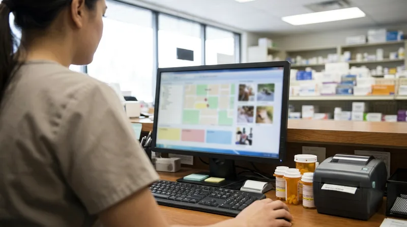 Pharmacy technician updating the store's Google Business Profile at the counter between prescription fills
