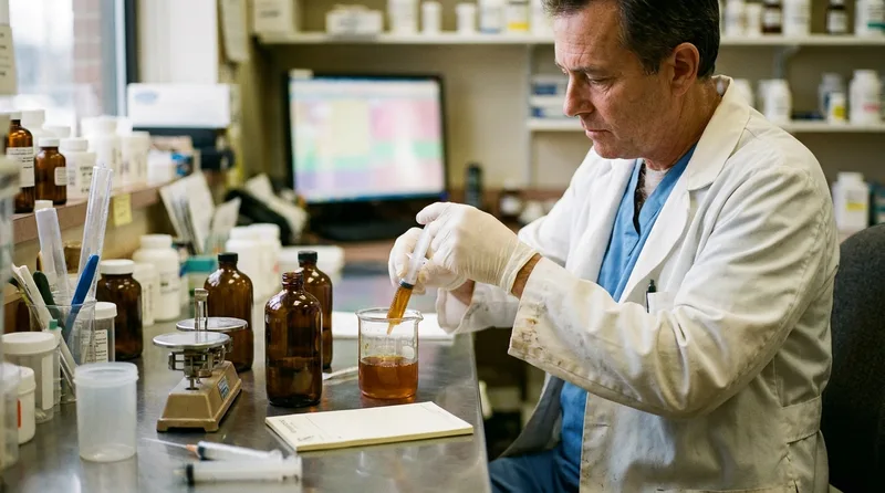 Pharmacist compounding a flavored liquid pet medication into an oral syringe at a pharmacy compounding bench