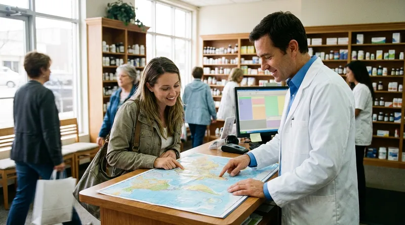 Pharmacist discussing travel vaccine requirements with a patient planning an upcoming trip