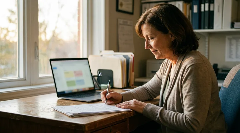 Pharmacy owner reviewing a vendor agreement beside a laptop in a back office