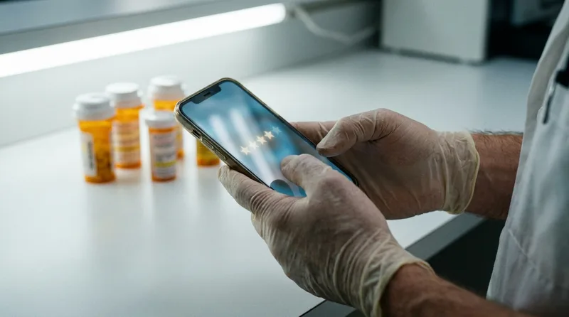 Pharmacist responding to a five star online review on a smartphone at the pharmacy counter