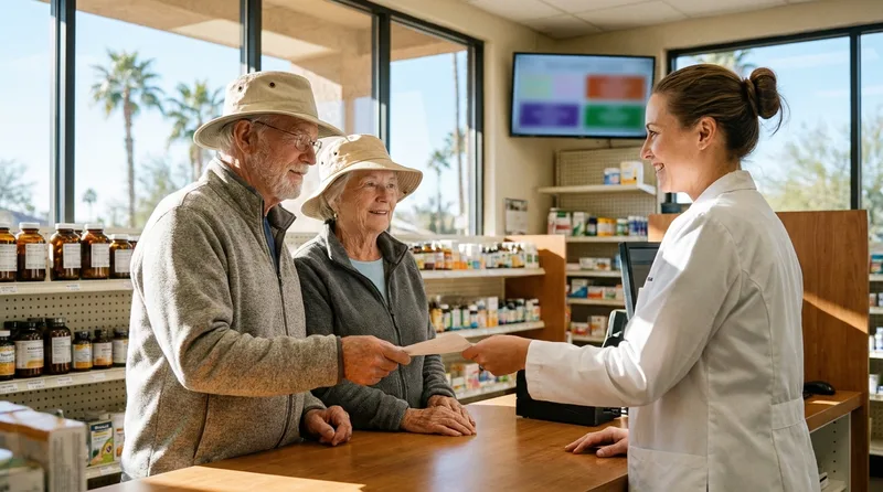 Older couple handing a prescription transfer slip to a pharmacist at an Arizona retirement community pharmacy