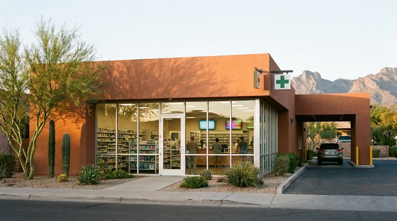 Independent community pharmacy storefront in a small Arizona desert town with a saguaro cactus and mountains behind it
