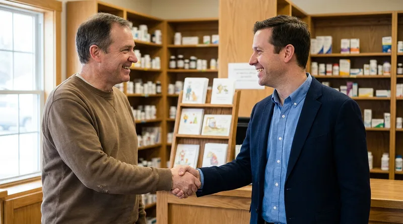 Pharmacist and a clinic office manager shaking hands at a pharmacy counter to start a local partnership