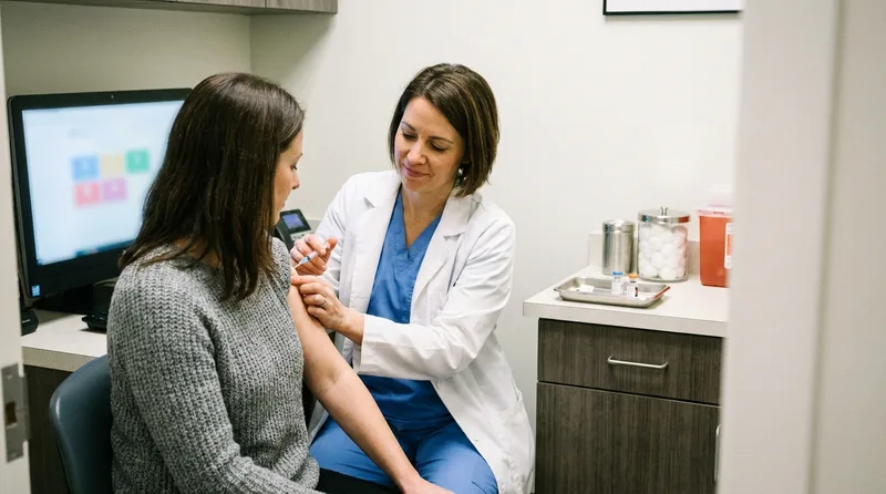 Pharmacist administering a flu vaccine to a patient in a private consultation area