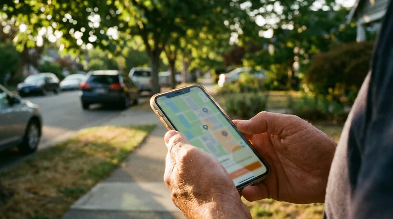 Person holding a smartphone showing a map with location pins while searching for a nearby pharmacy