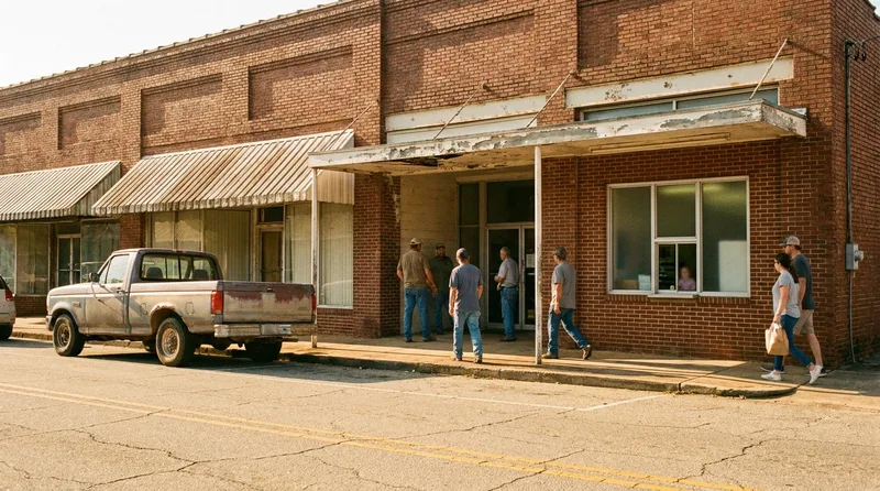 Independent community pharmacy storefront on a small Georgia town main street in warm morning light