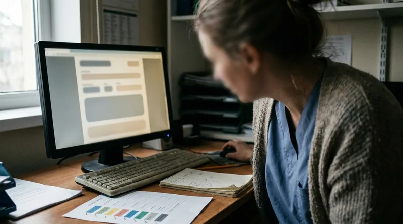 Pharmacy staff member reviewing a website form layout at a desk to keep patient data collection minimal