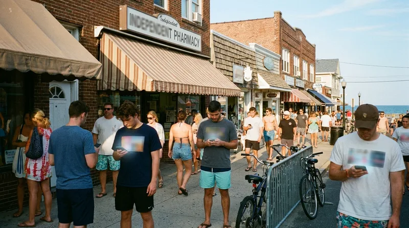Visitors with phones walking past an independent pharmacy on a sunny New Jersey Shore town main street