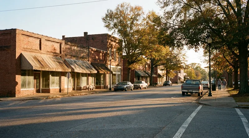 Quiet small-town Georgia main street with brick buildings, oak trees, and parked cars in warm evening light