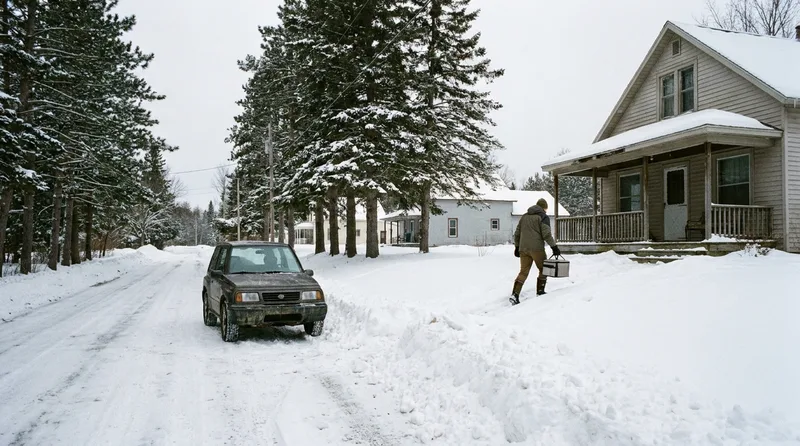 Pharmacy delivery driver carrying a prescription bag to a snowy porch in northern Michigan