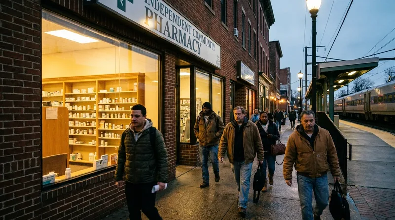 Independent pharmacy storefront on a New Jersey downtown street beside a commuter rail platform at dusk