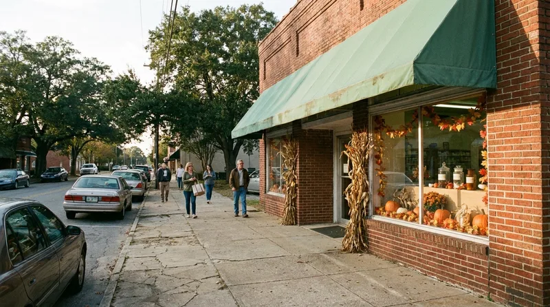 Brick-front independent pharmacy on a tree-lined small-town Southern main street in late afternoon light