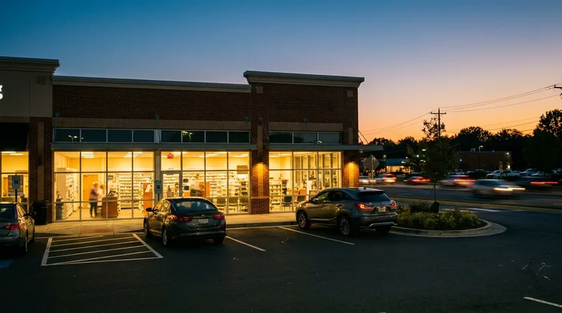 Independent community pharmacy in a suburban Virginia shopping strip at dusk with glowing windows and cars arriving