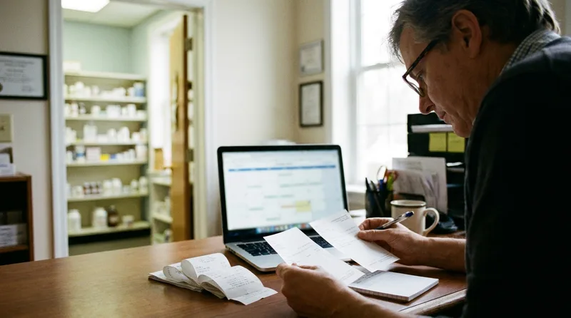 Pharmacy owner comparing two marketing proposals at a back-office desk next to a laptop
