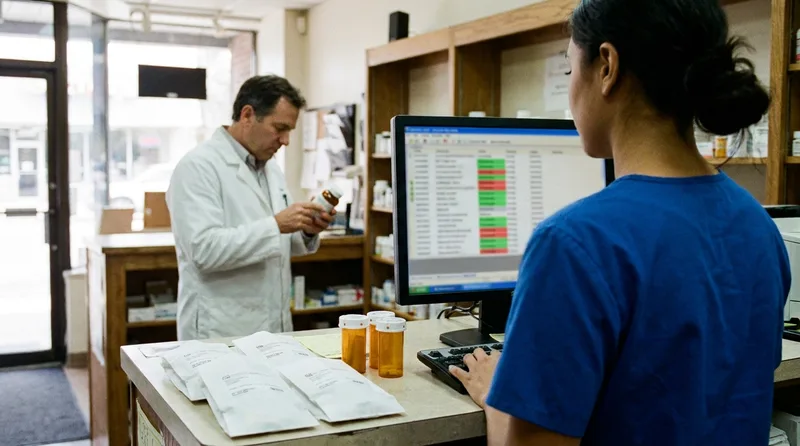 Pharmacy technician reviewing incoming refill requests on a monitor at an independent pharmacy dispensing counter