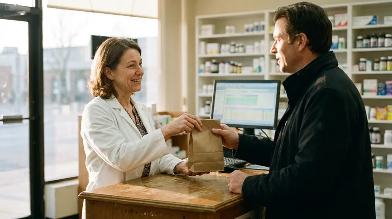 Pharmacist handing a paper bag to a patient across a bright independent pharmacy counter
